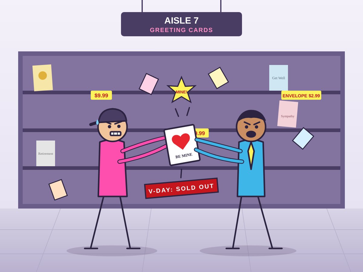 Cartoon: two guys fighting over the last Valentine's card in a drugstore card aisle