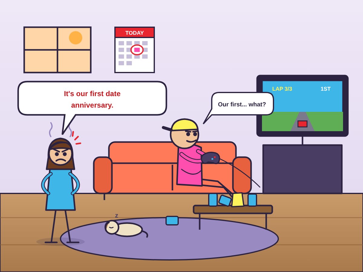 Cartoon: a guy on the couch with beers and a video game while his angry wife says it's their first date anniversary