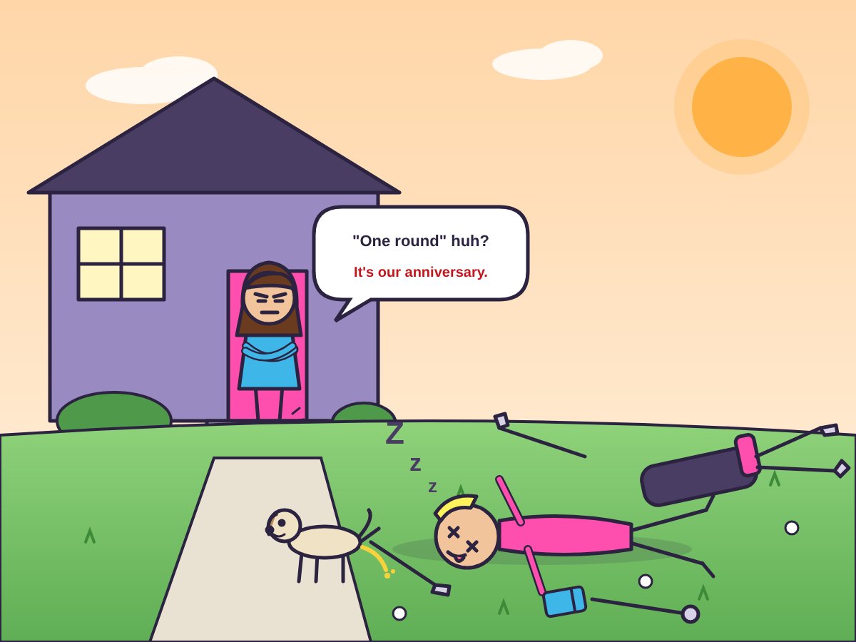 Cartoon: a guy passed out on the front lawn among golf clubs while the dog pees nearby and his wife glares from the step