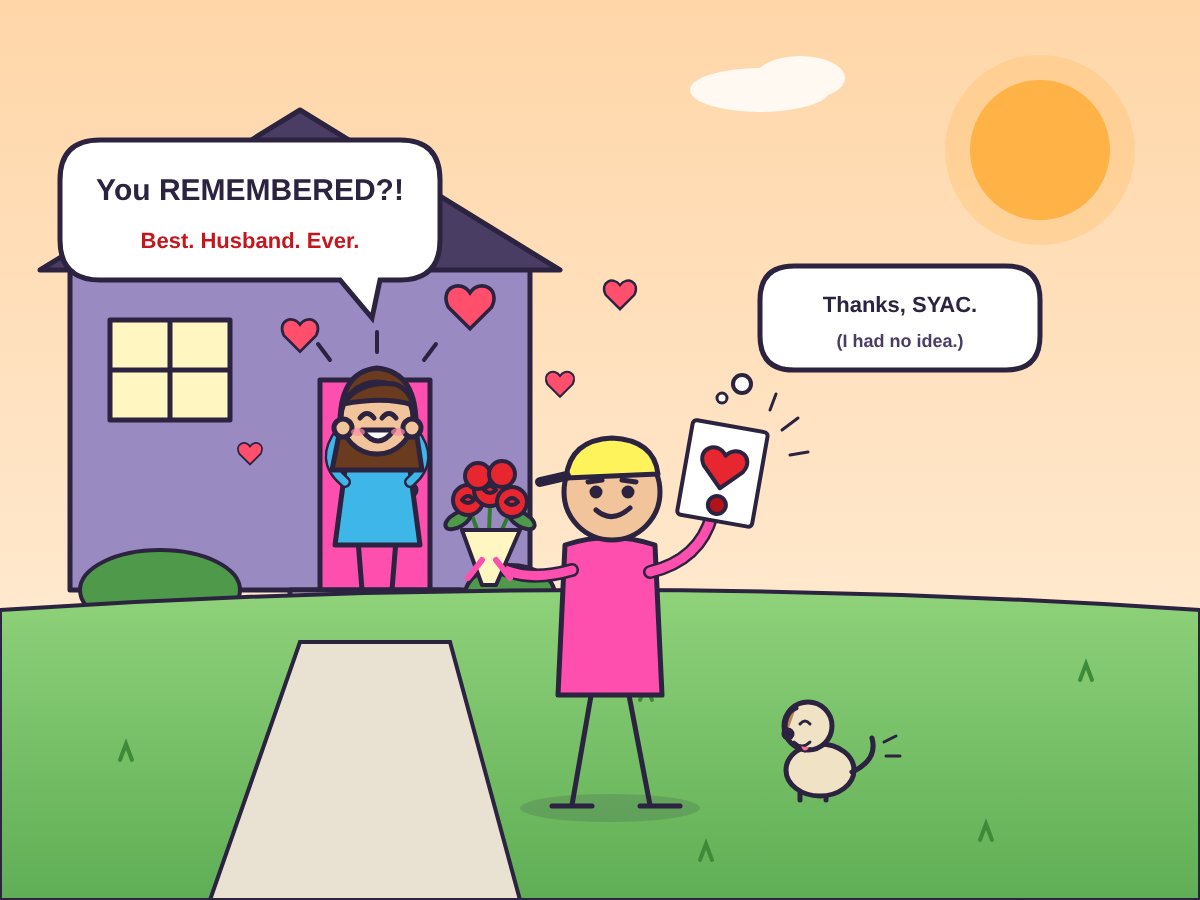 Cartoon: the same guy shows up with roses and a card and his wife is overjoyed